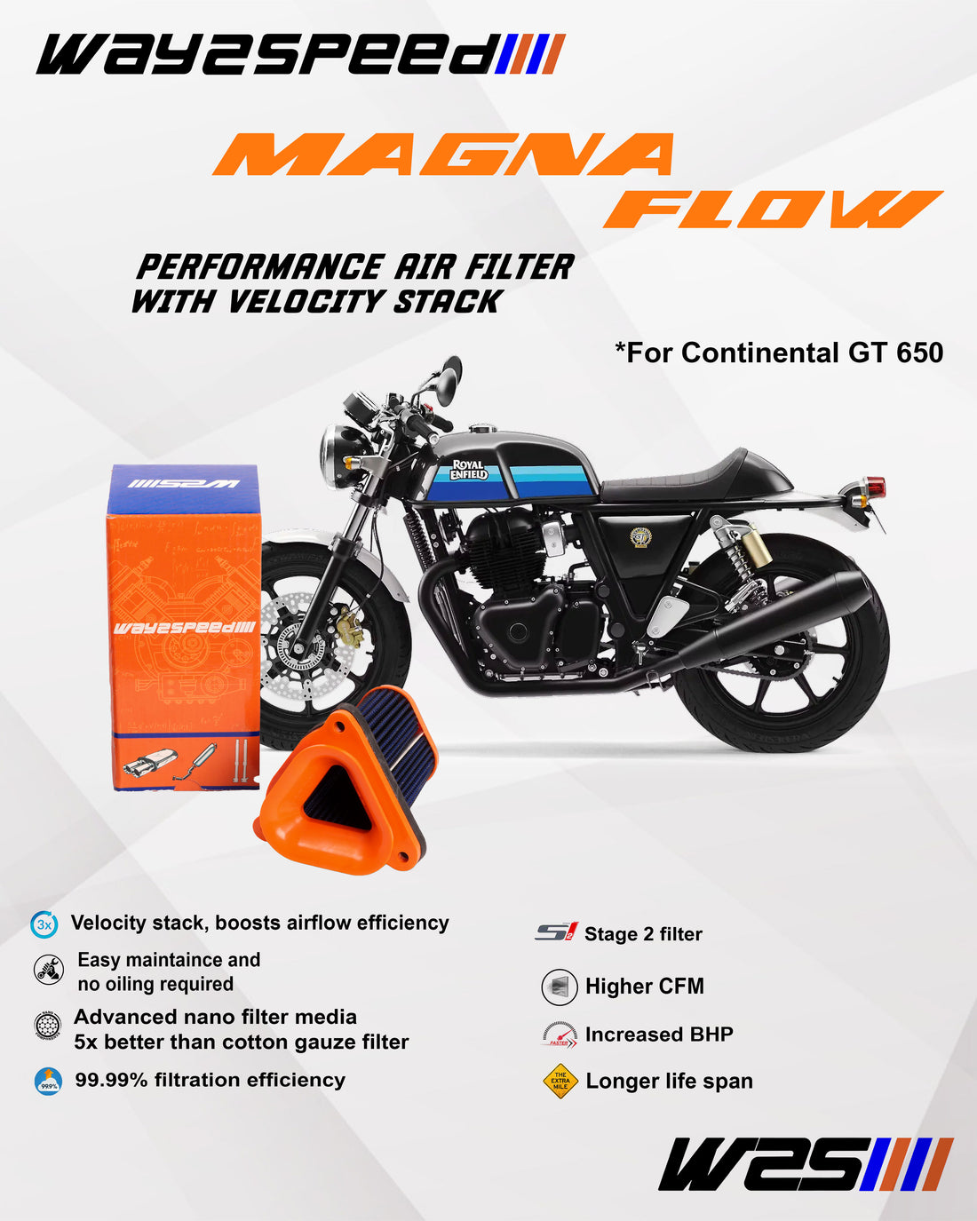 Way2Speed Magna Flow High-Performance Air Filter With Free Velocity Stack for Royal Enfield Interceptor 650 & Continental GT 650