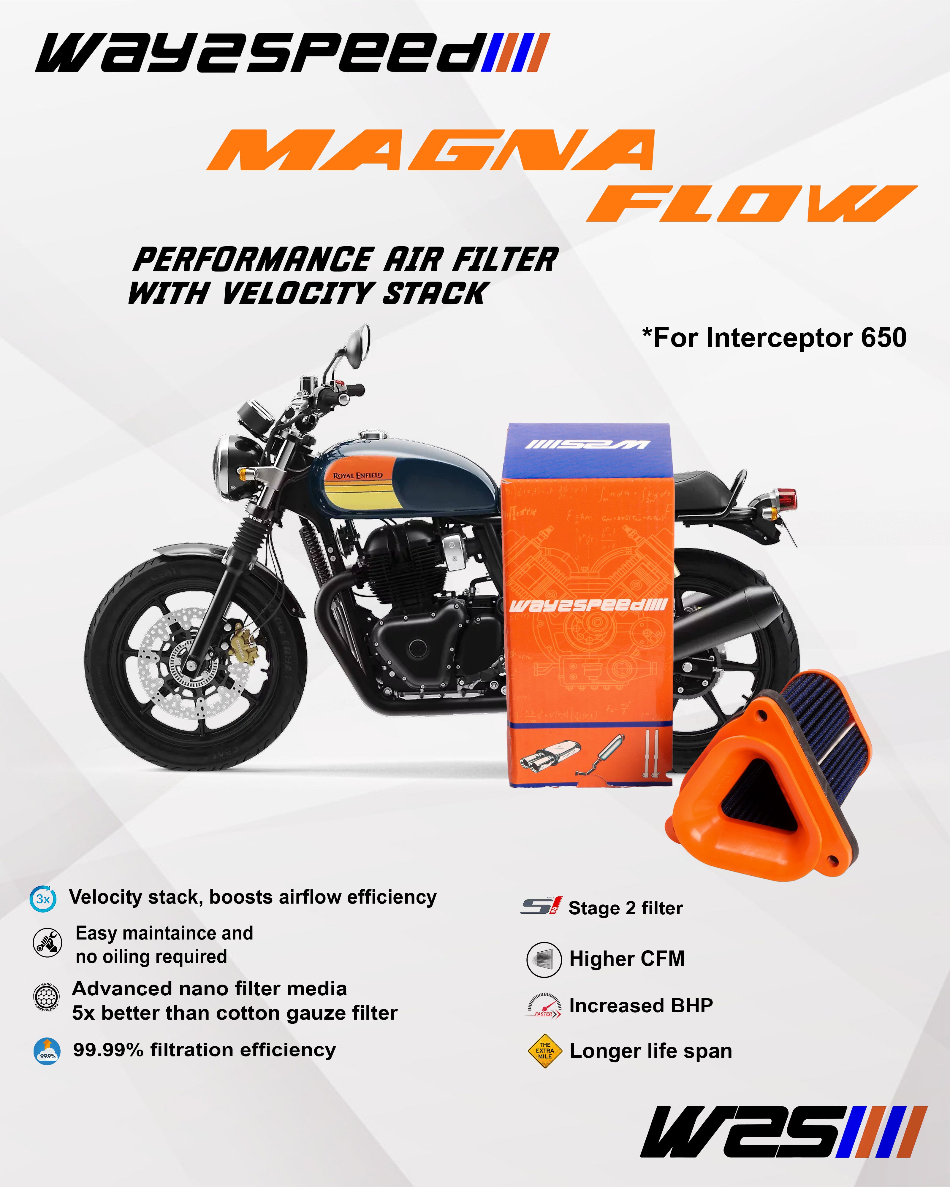 Way2Speed Magna Flow High-Performance Air Filter With Free Velocity Stack for Royal Enfield Interceptor 650 & Continental GT 650
